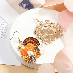 Festive gold alloy turkey drop earrings with colorful enamel leaves for Thanksgiving
