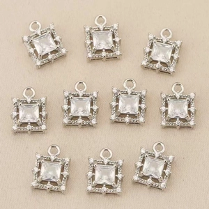 Set of 10 silver square geometric pendants with zircons for DIY jewelry making