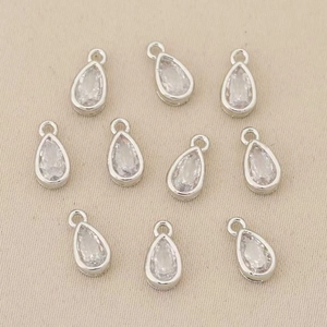 Set of 10 teardrop shaped cubic zirconia pendants with silver plating for DIY jewelry