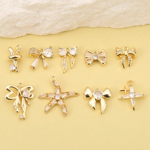 9pcs 18K gold plated starfish and bow jewelry charms with cubic zirconia stones