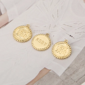 18K gold plated round Fu character charms with beaded edge for DIY jewelry making