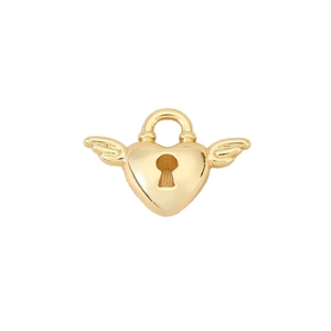 Polished 18K gold-plated wing heart pendant with keyhole design on white background