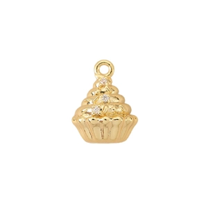 18K gold-plated cupcake pendant charm with spiral texture and white rhinestones decoration