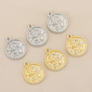 Vintage 18K gold and silver plated rose flower coin charms with zircon for DIY jewelry