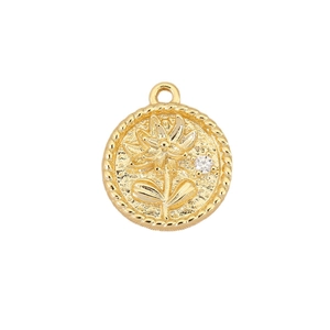 Vintage round rose flower embossed pendant with small zircon in 18K gold plated finish