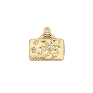18K gold plated suitcase pendant featuring palm tree engravings and white cubic zirconia