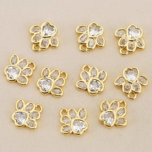 18K gold plated copper cat paw pendants set with sparkling zircon for DIY jewelry