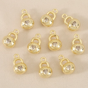 Golden heart lock pendants with zircon inlay, 18k gold plated jewelry DIY components