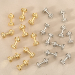 Dumbbell pendants in gold and silver plating with cubic zirconia for DIY jewelry making