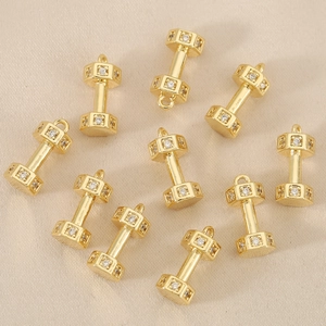 Set of 10 gold-plated dumbbell pendants with white zircon inlays for DIY jewelry making