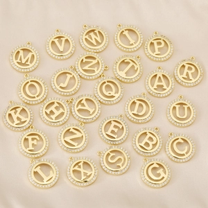 18K gold plated copper 26 alphabet pendants with pavé zircon for DIY necklaces