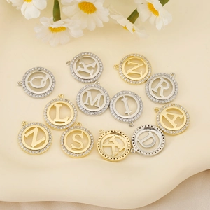 Gold and silver 18K plated alphabet round pendants with micro-pave crystals for DIY necklaces