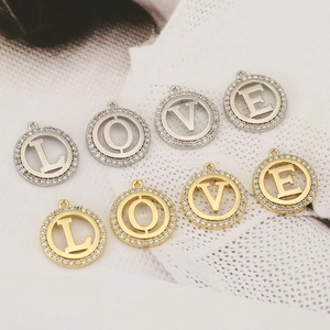L-O-V-E letter round pendants with pave-set zircons in gold and silver plating