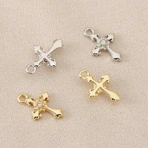 Polished 18K gold plated copper cross pendant with zircon stone for DIY jewelry making
