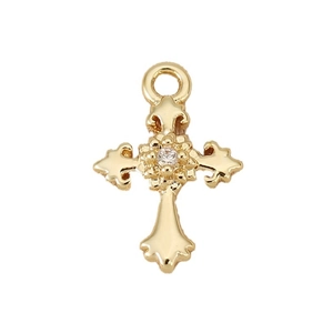 18K gold plated copper cross pendant featuring center zircon and vintage floral carving