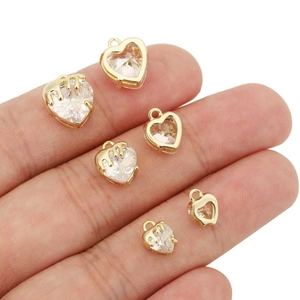 18K gold-plated heart charms with cubic zirconia in multiple sizes for DIY jewelry
