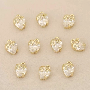 Set of 10 gold plated strawberry heart pendants with zircon stones for DIY jewelry making