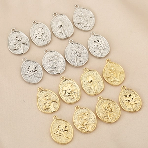 Vintage 18K Gold Plated Copper Flower Relief Pendant Only (Without Chain) Frosted Oval Floral DIY Jewelry Making Accessory