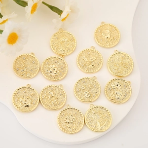 18K gold plated copper floral pendant charms with embossed flowers and zircon accents