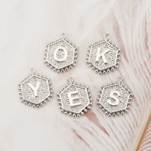 18K gold plated hexagon alphabet pendants with cubic zirconia for DIY jewelry making
