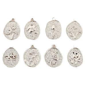 8-piece set of silver floral embossed oval pendants for DIY jewelry and necklace crafts