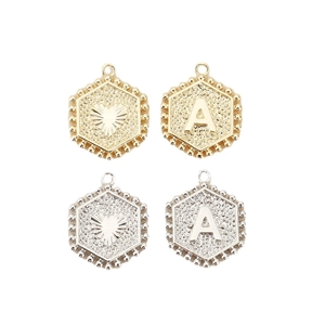 Hexagon letter A pendants in gold and silver finish with heart relief and beaded edges