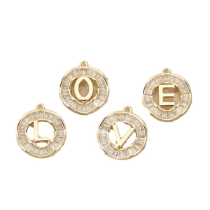 Golden 18K copper plated round alphabet pendants with baguette cut zircon inlay