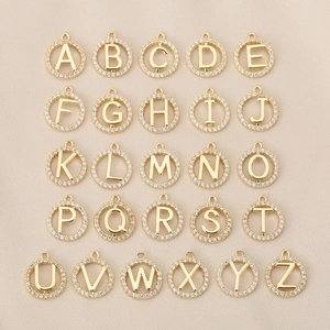 18K Gold Plated Brass Initial Pendant Necklace Bracelet DIY Accessory Hollow Round Zircon Micro Pave Capital Letter Charm
