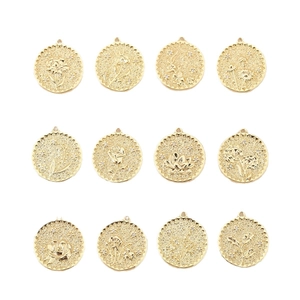 Set of 12 copper 18K gold-plated floral pendants with embossed designs and zircons