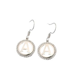 Silver drop earrings featuring a circular crystal halo with a hollow letter A design