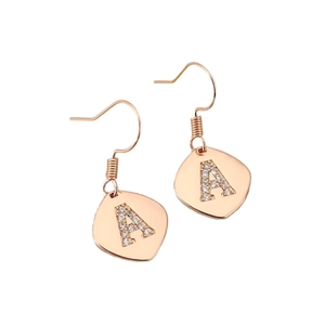 Rose gold square pendant earrings featuring a cubic zirconia letter A on white background