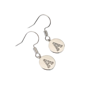 Elegant silver letter A earrings with pave crystals and classic fishhooks on white background