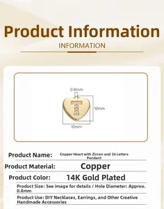 Detailed dimensions of 14K gold plated heart pendant with zircon letter T for DIY jewelry