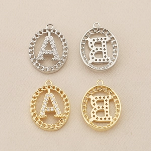 18K gold and silver plated initial pendants A and B with zircon pavé and woven oval frame