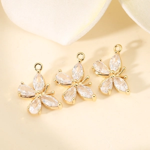 Three 18K gold-plated butterfly pendants with clear cubic zirconia for DIY jewelry