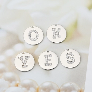 Silver metal alphabet pendants with white zircon inlay for DIY jewelry crafting