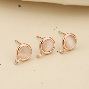 Rose gold DIY earring posts with round cat eye stones and pendant loops set of 3