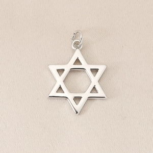 Detailed macro view of a silver hexagram star pendant made of 18K gold plated copper