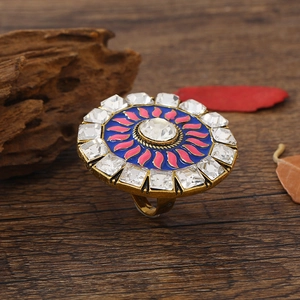 Vintage boho χρυσό δαχτυλίδι με μπλε σμάλτο και λαμπερές κρυστάλλινες λεπτομέρειες