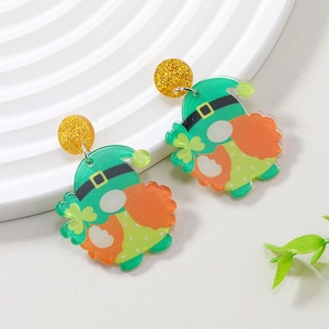St Patricks Day Gnome Leprechaun Acrylic Earrings Green Shamrock Clover Pattern Festive Party Jewelry For Women Holiday Gift