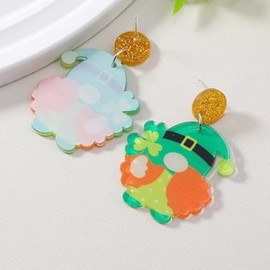 Easter Gnome earrings with green clover pattern and festive acrylic gnome design