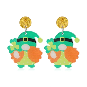 St. Patrick's Day Leprechaun acrylic earrings with green shamrock and gold glitter studs