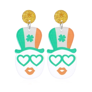 Acrylic St. Patrick's Day earrings with green glitter hats and shamrock details