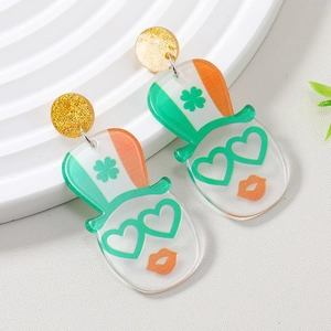 St Patrick's Day Acrylic Earrings Green Shamrock Four Leaf Clover Joker Hat Heart Glasses Irish Festival Jewelry For Women