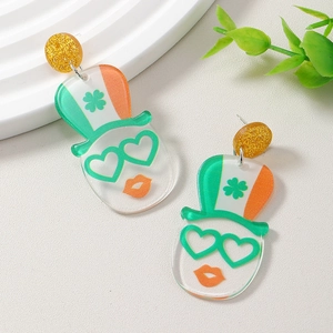 Acrylic St. Patrick's Day shamrock and hat dangle earrings with golden glitter studs