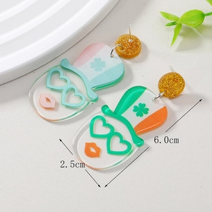 St. Patrick's Day acrylic earrings with shamrock and green hat design, 6.0cm x 2.5cm size