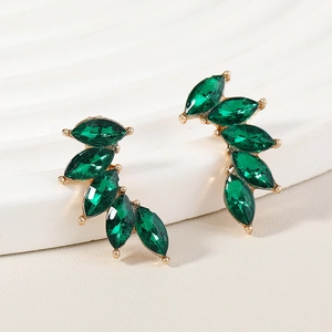 Fashion Alloy Marquise Cut Rhinestone Wing Leaf Stud Earrings Gold Base Colorful Gemstone Ear Crawlers For Women Jewelry