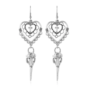 Boucles d'oreilles gothiques tête d'oiseau corbeau et cœur creux avec croix argent