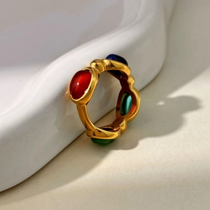 18K gold plated stainless steel ring with colorful natural gemstones on white tray