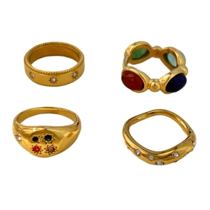 Set of 18K gold plated stainless steel rings with colorful natural gemstones and star engravings